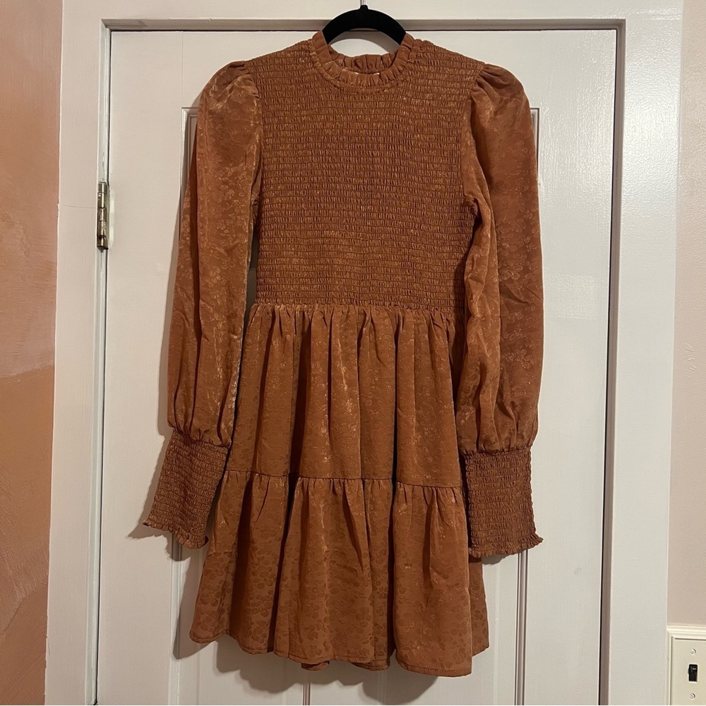 #184 Pink Lily Mockneck Terracotta Brown Smocked Fitted Dress Small